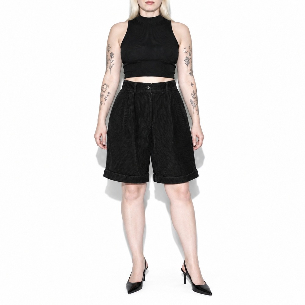 90s Vintage Pleated Corduroy Shorts Womens 10 Black High Waisted Cuffed Cotton